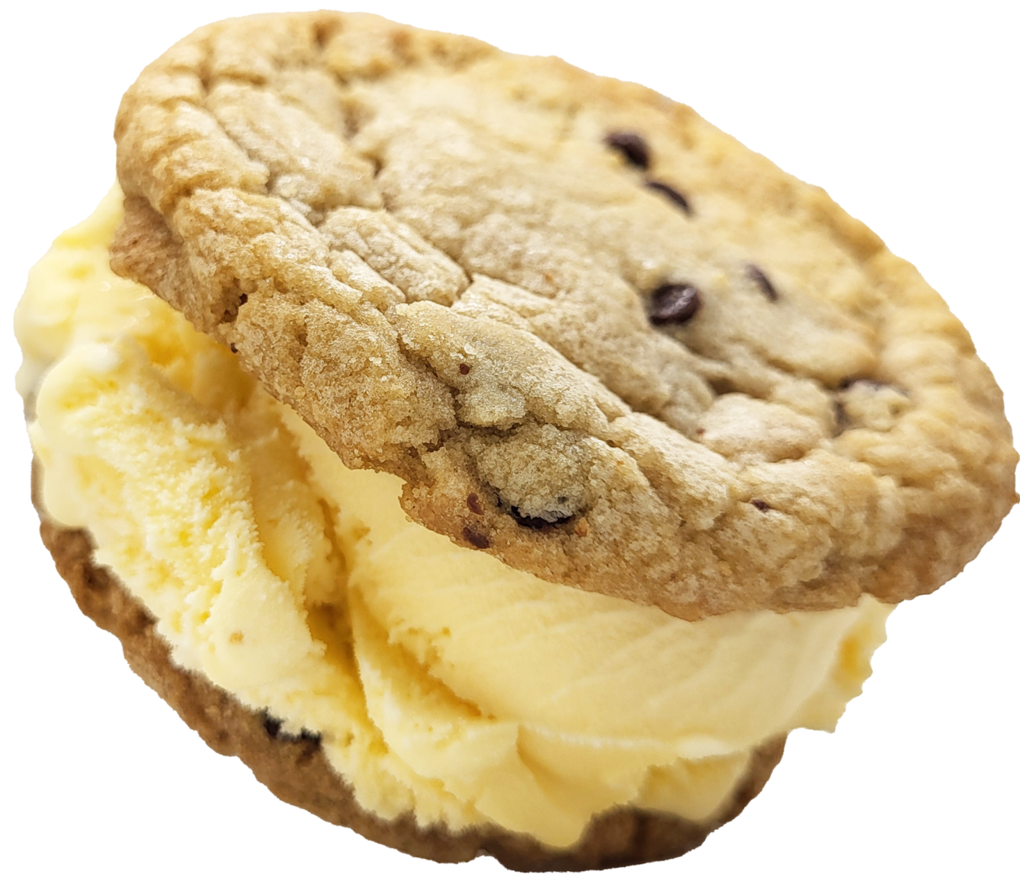 Chocolate chip cookie ice cream sandwich with vanilla ice cream in the middle.