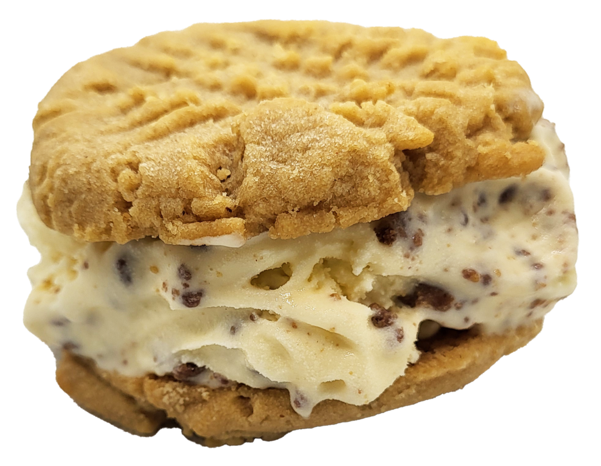 Close-up of a cookies and cream ice cream sandwich with a cookie on top and cookie on the bottom, filled with vanilla ice cream with chocolate cookie pieces.