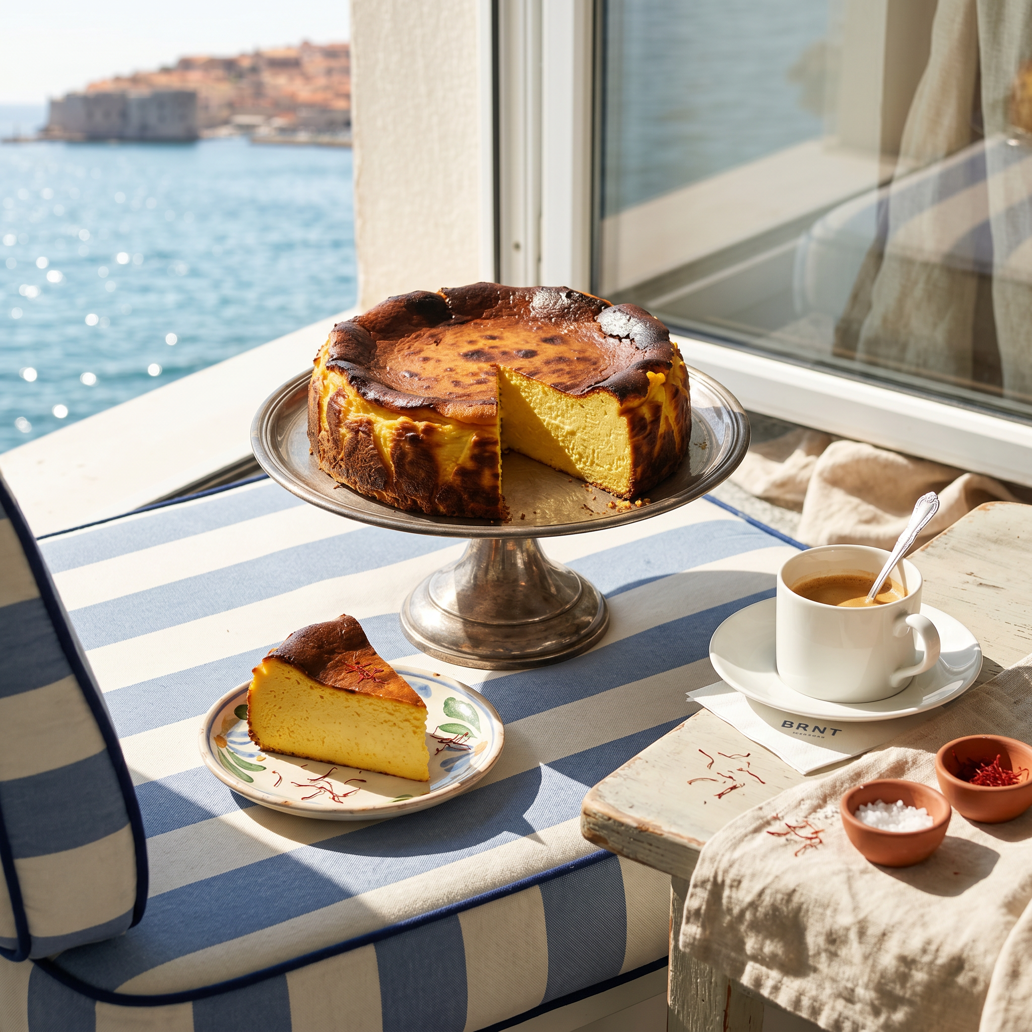 A cheesecake with a dark browned top and a slice removed, sitting on a silver cake stand near a window overlooking a body of water and a historic coastal town.