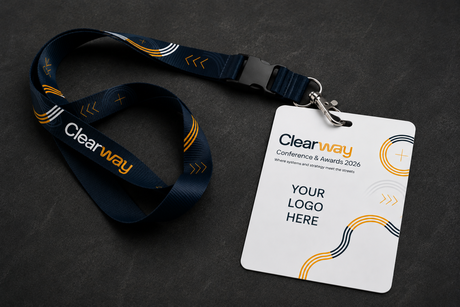 Conference badge and lanyard for Clearway Conference & Awards 2026 with placeholder for logo on a black surface.
