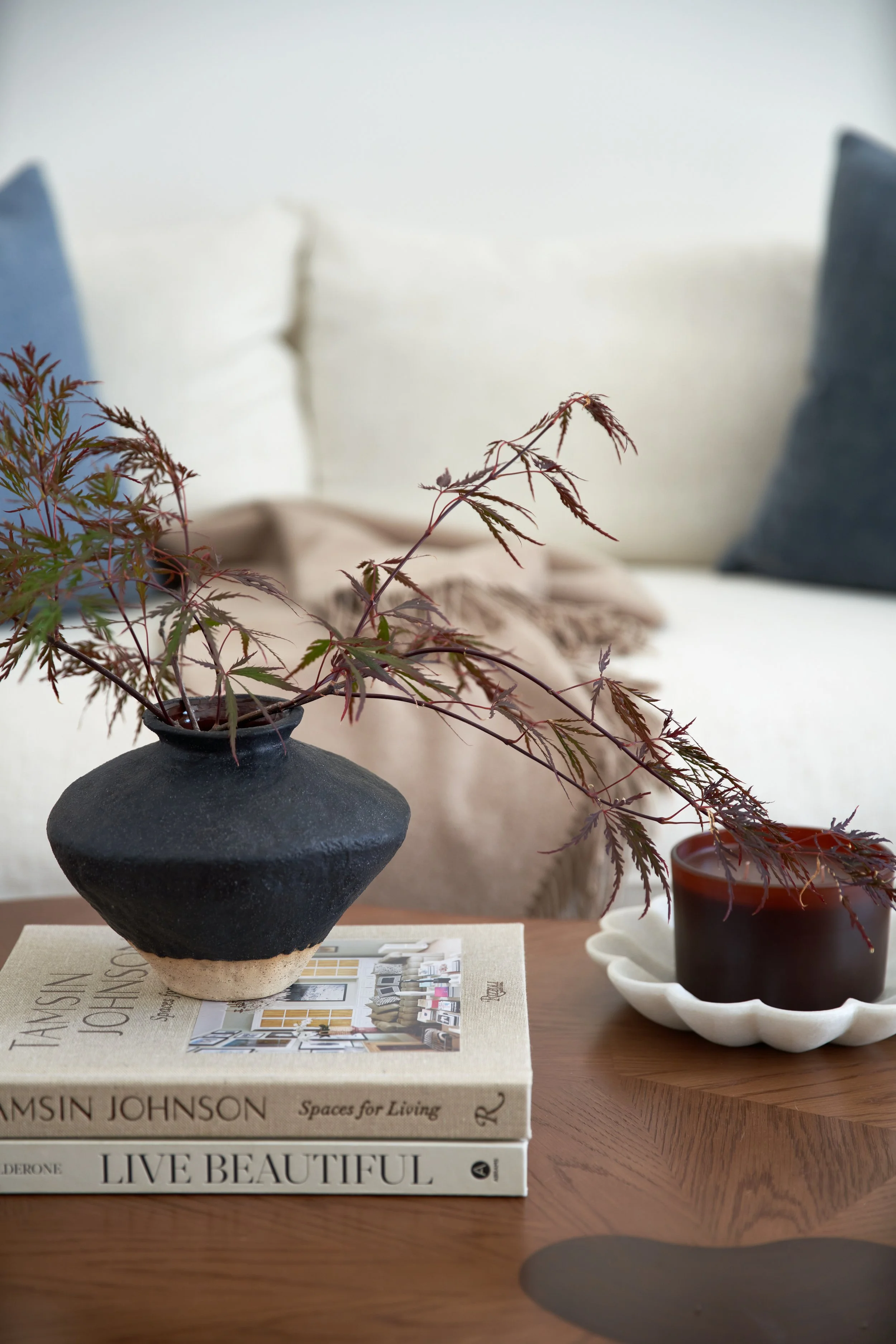 A black and beige ceramic vase with a narrow neck and wide body holding a leafy plant with red and green leaves. The vase is placed on a book titled 'Spaces for Living' on a wooden table, next to a dark brown cup and a white scalloped dish. In the background, there are cream-colored and blue pillows on a couch against a white wall.