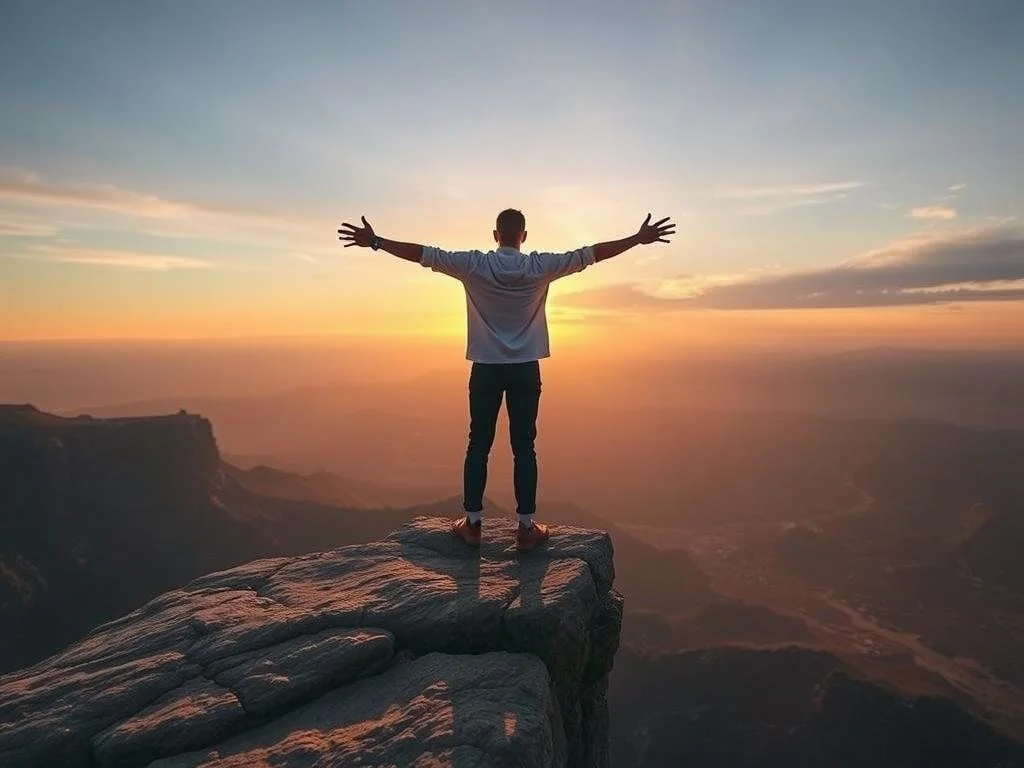 Person standing on a rocky cliff at sunset with arms outstretched, overlooking a vast landscape. Symbolism for change and autonomy
