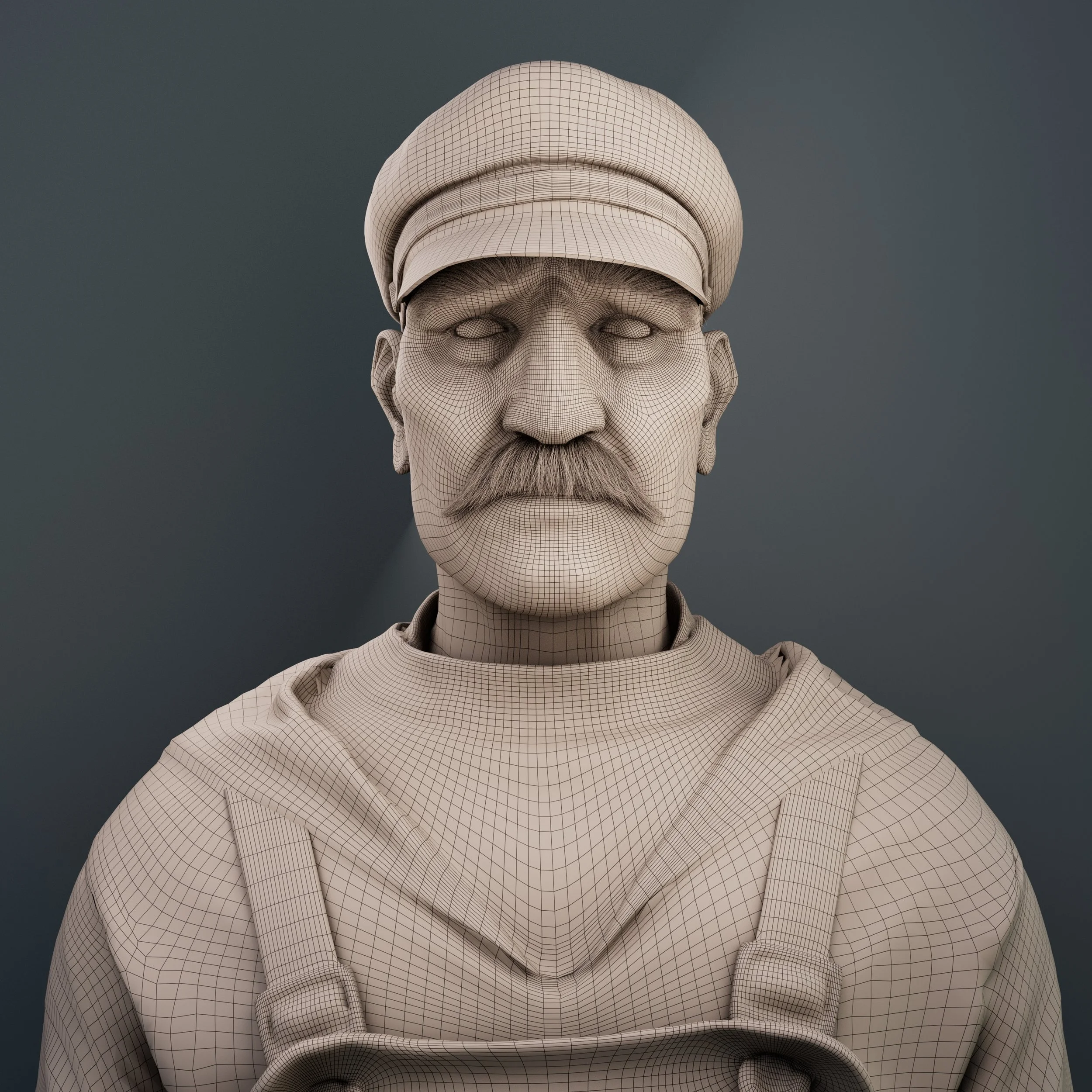 A 3D wireframe model of a man's face wearing a cap and a shirt, with a neutral expression, against a dark background.