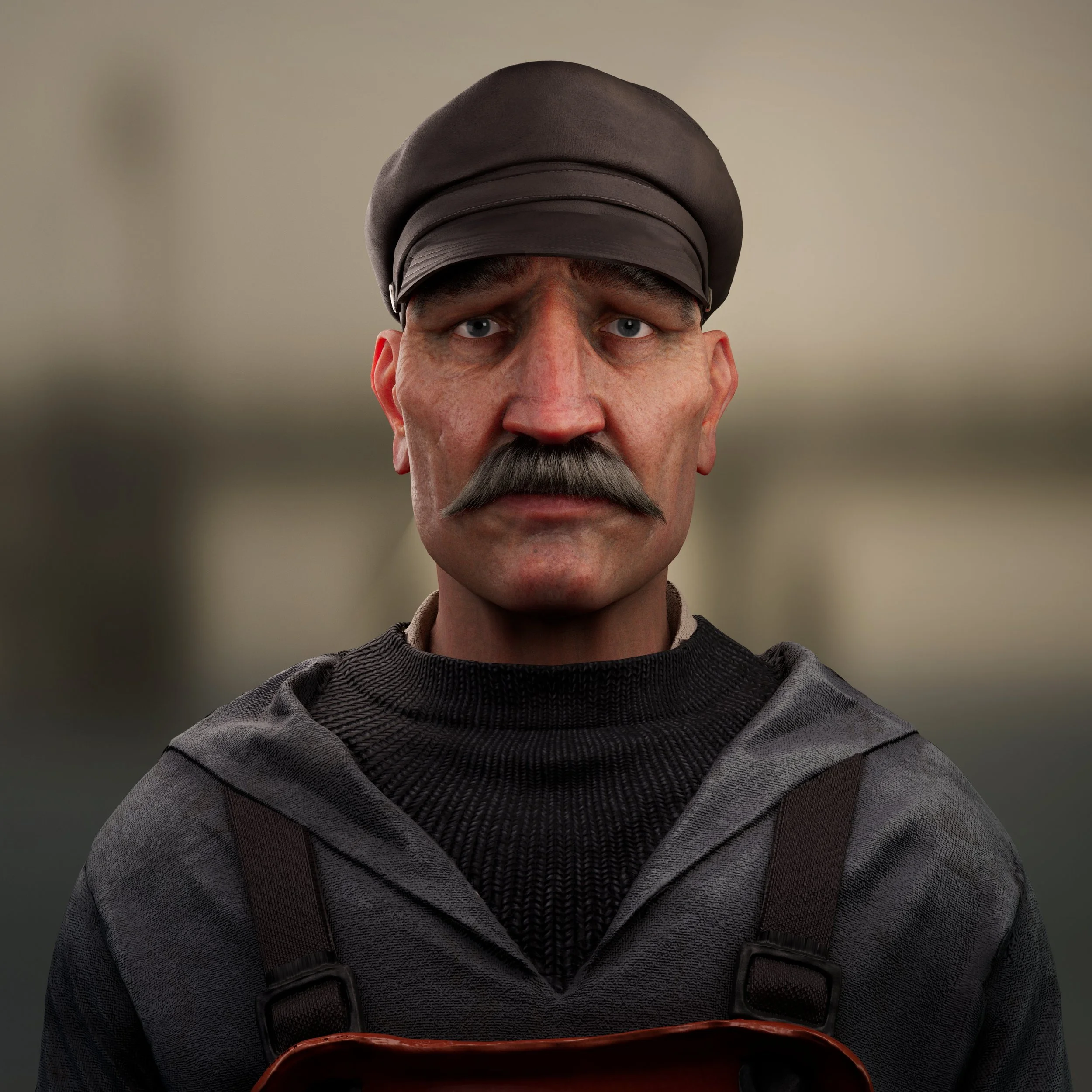 Close-up 3D render of a stylised fisherman character wearing a dark cap, with a grey moustache, dressed in a dark crew-neck sweater, and orange apron, against a blurry background.