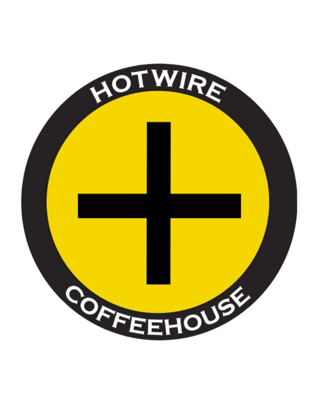 A circular logo with a yellow background, a black border, and a black cross in the center. The words "HOTWIRE" at the top and "COFFEEHOUSE" at the bottom are written in white around the circle.
