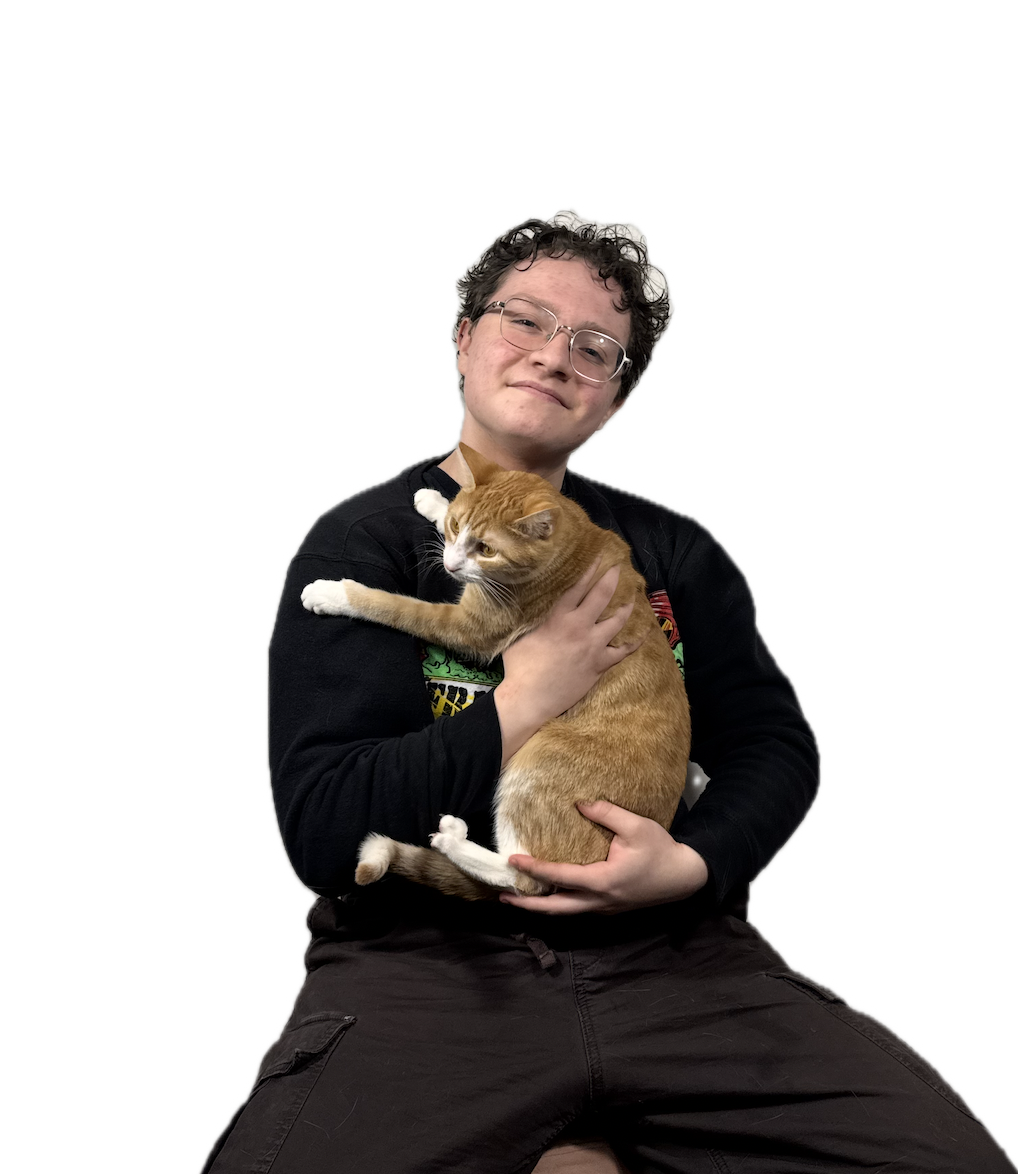 Benjamin Franz with glasses and curly hair, smiling, holding an orange tabby cat against a plain white background.