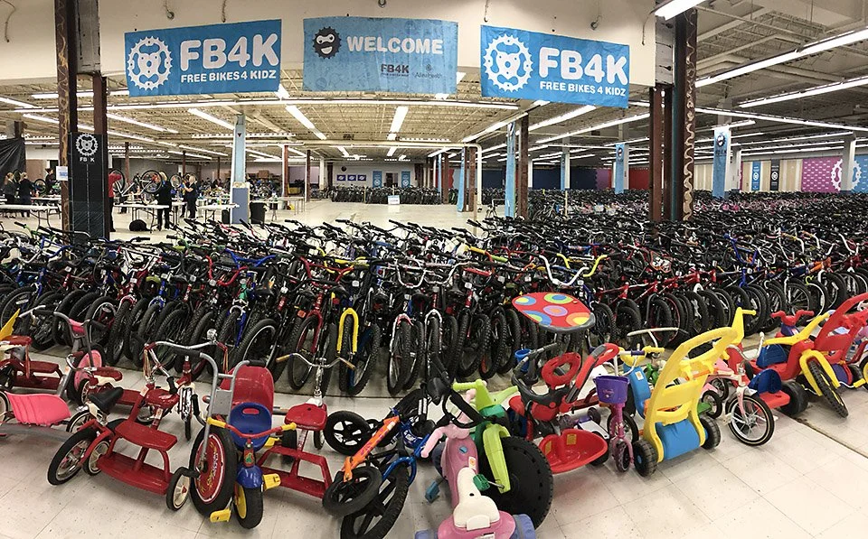 Warehouse of bikes to be cleaned and donated