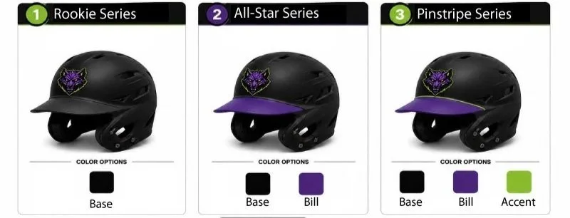 Comparison chart of three helmet series: Rookie Series, All-Star Series, and Pinstripe Series, each with black base color options; the All-Star Series with purple bill, and the Pinstripe Series with a green accent.