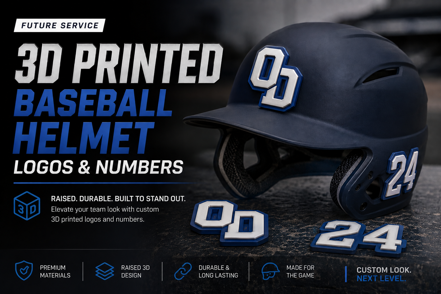 A promotional image showcasing a 3D printed navy blue baseball helmet with white and blue logos and numbers, emphasizing its custom design, durability, and premium materials.