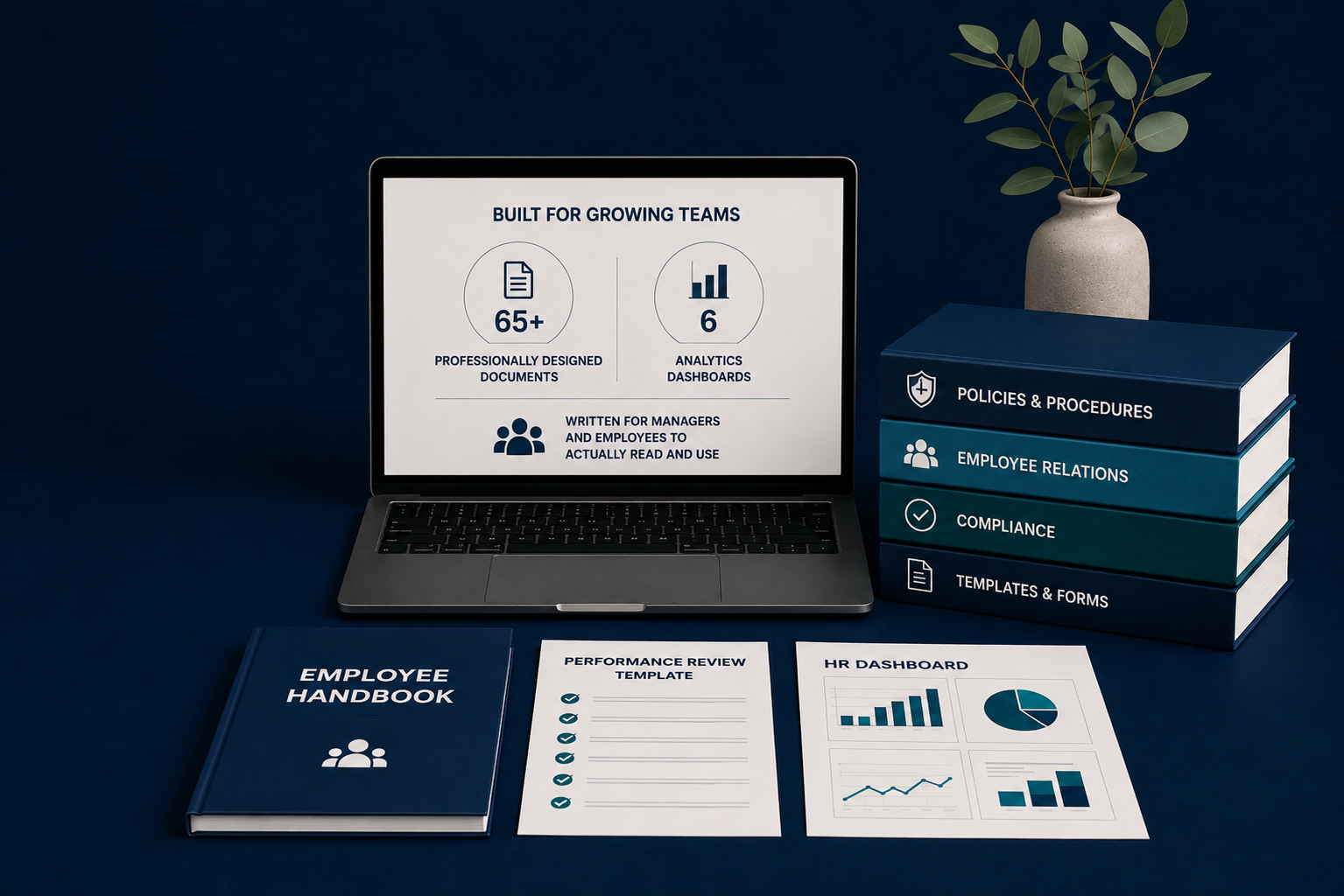 Workspace with a laptop displaying business analytics, a stack of blue binders labeled 'Policies & Procedures', 'Employee Relations', 'Compliance', and 'Templates & Forms', an employee handbook, a performance review template, and an HR dashboard chart sheet, a potted plant in the background.