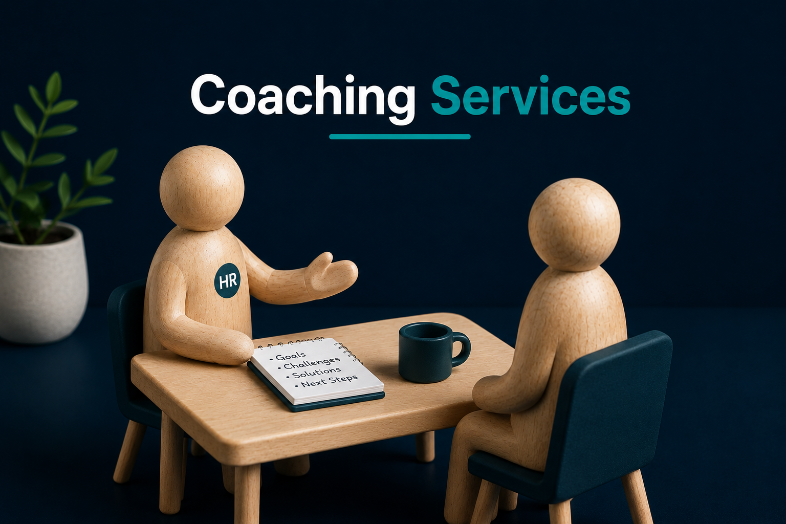 Wooden figures representing a coaching session at a table with a notebook listing goals, challenges, solutions, and next steps, a coffee mug, a plant, and a dark blue background with the words "Coaching Services" at the top.