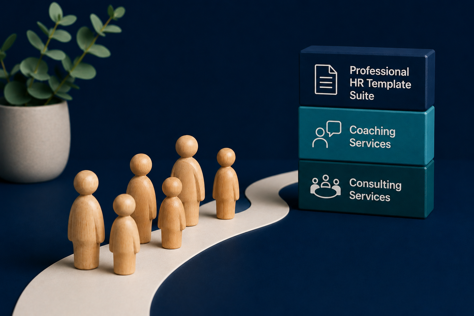 Six wooden figurines standing on a curved white pathway with a plant in a gray pot on the left. On the right, three stacked blocks labeled 'Professional HR Template Suite,' 'Coaching Services,' and 'Consulting Services.'