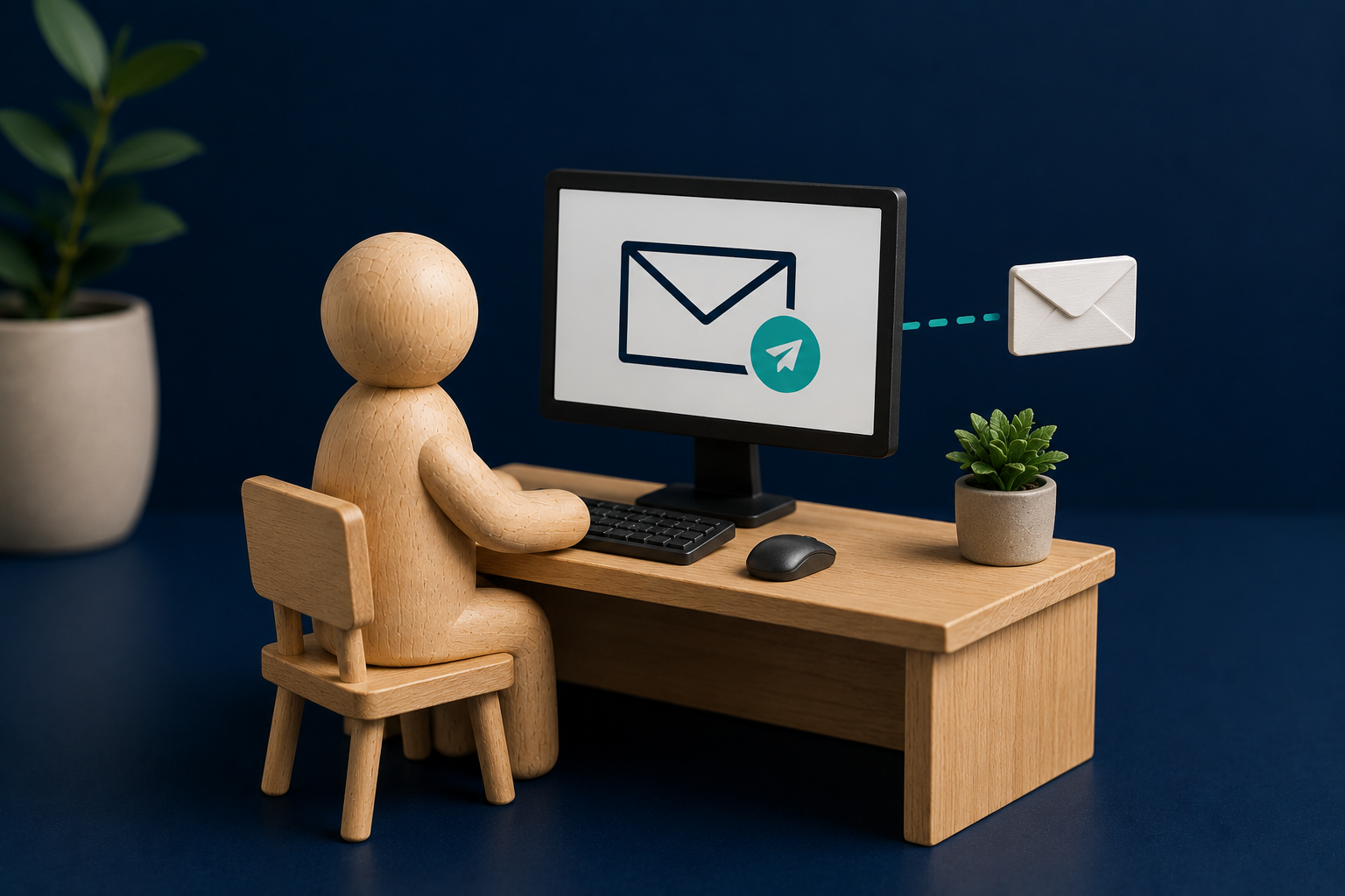 Wooden figure sitting at a desk with a computer monitor displaying an email and a paper plane icon, surrounded by potted plants.