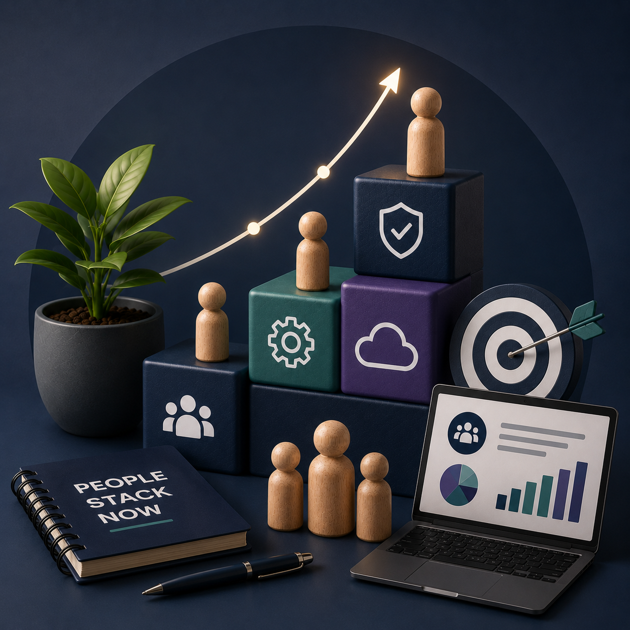 A potted plant, a notebook titled 'People Stack Now,' a pen, a small group of wooden figures, a laptop displaying charts and graphs, and stacked blocks with icons and wooden figures, with a green plant and a growth arrow line in the background.