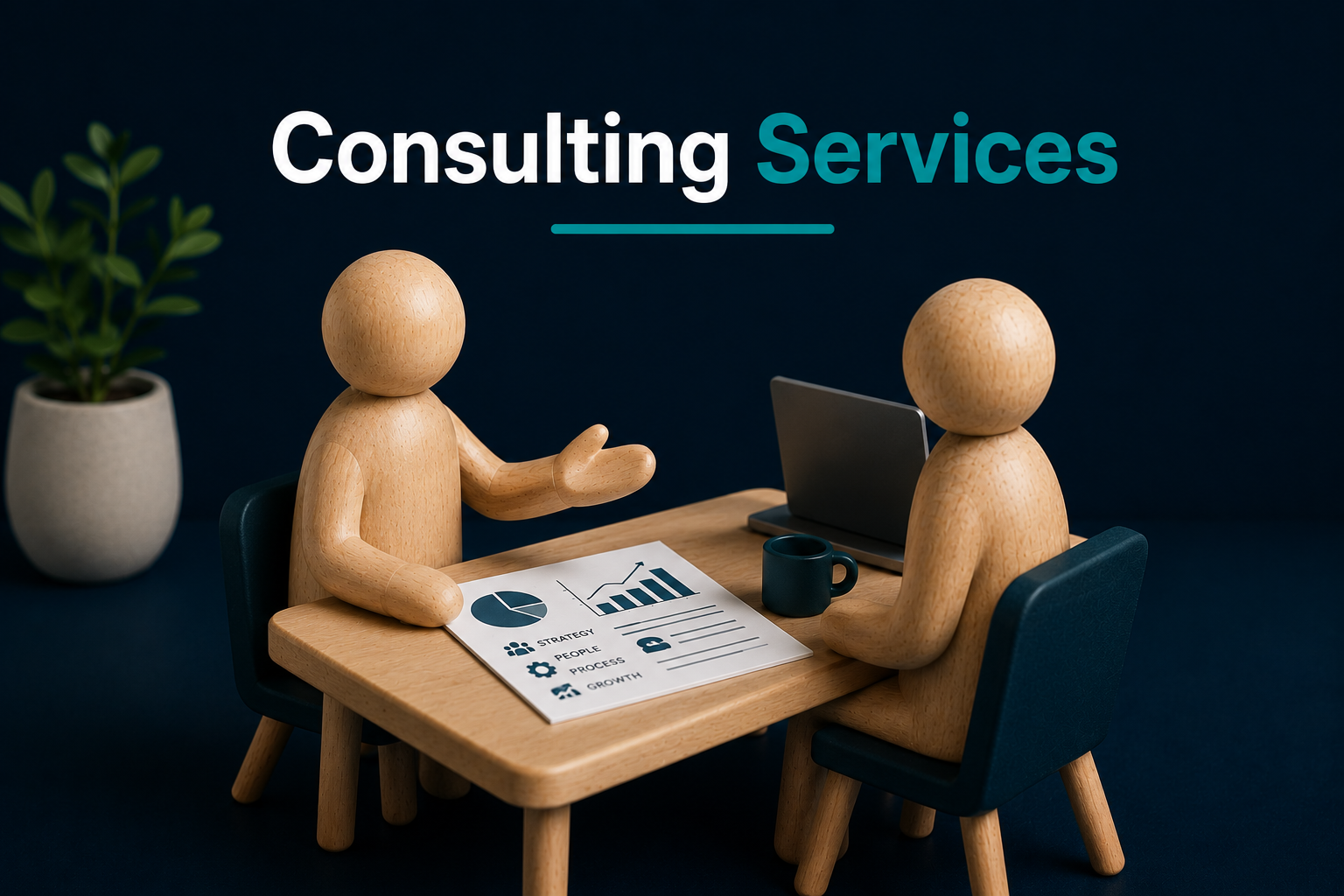 Two wooden humanoid figures having a business meeting at a small wooden table with documents, laptop, and coffee mug, against a dark background with the text 'Consulting Services' above.