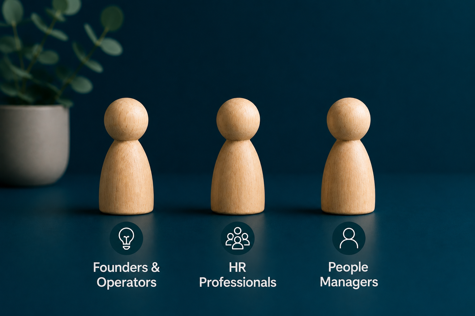 Three wooden figurines representing different roles: Founders & Operators, HR Professionals, and People Managers, against a dark blue background with a potted plant on the left.