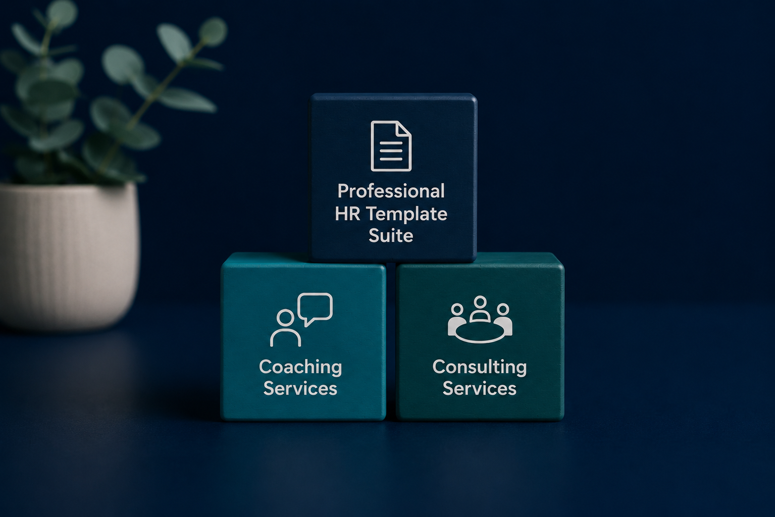 Three blocks labeled 'Professional HR Template Suite', 'Coaching Services', and 'Consulting Services' against a dark blue background, with a potted plant partially visible on the left.