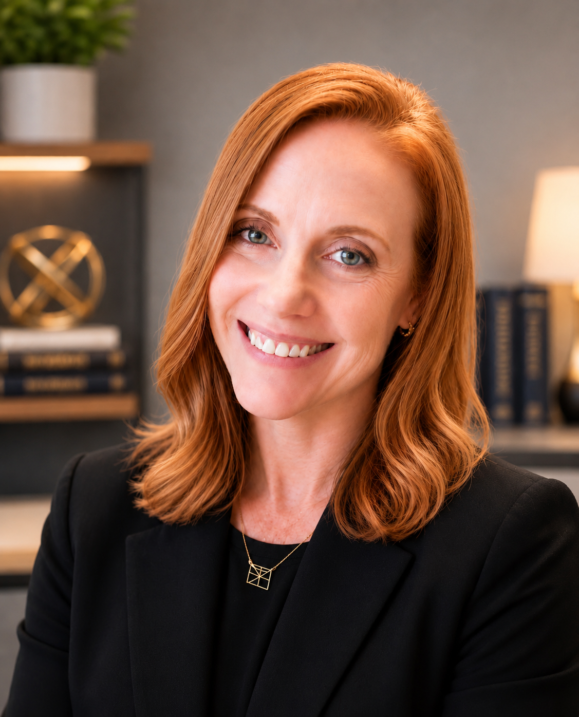 A woman with red hair smiling in an office setting, wearing a black blazer and gold jewelry.