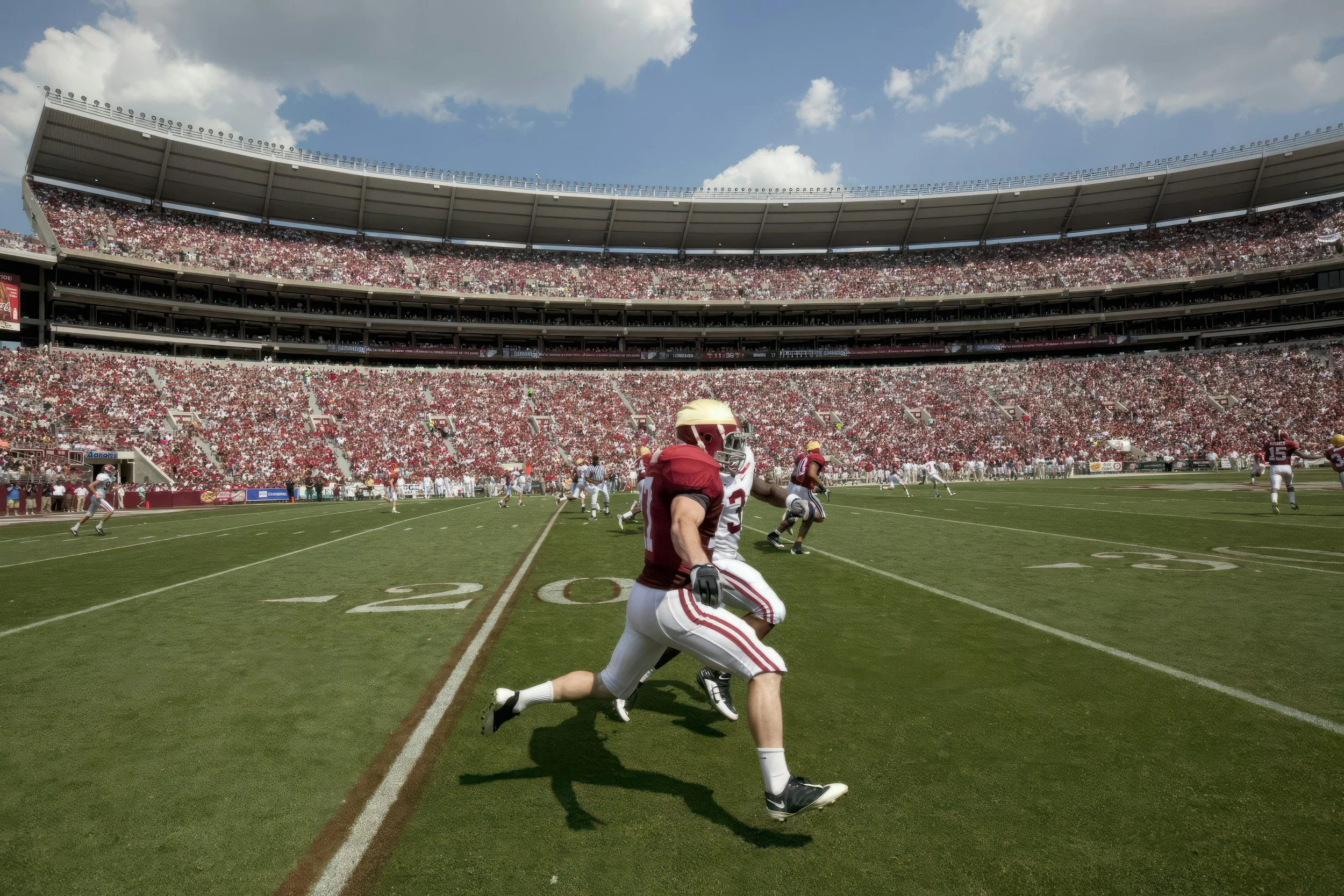 American football players running on a field during a game, with a stadium filled with spectators and a partly cloudy sky overhead.