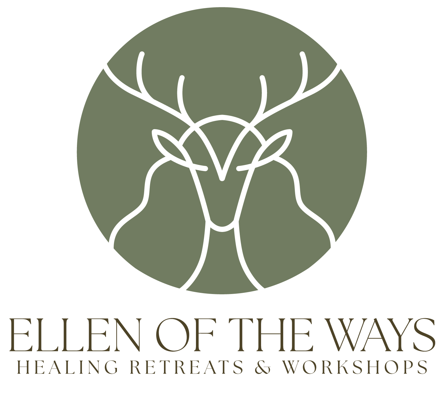 Logo for Ellen of the Ways featuring a simple line drawing of a deer's head with antlers inside a green circle, with text 'Ellen of the Ways' and 'Healing Retreats & Workshops' underneath.