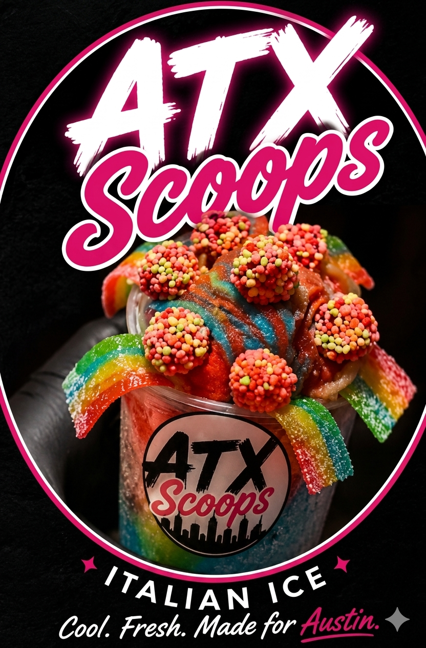 A colorful ice cream cup topped with rainbow gummy worms, rainbow sprinkles, and various colorful candies, with branding for ATX Scoops, an Italian ice shop in Austin.