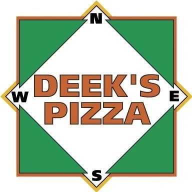 Logo with a green and white star, with the words "Deek's Pizza" in brown in the center, and cardinal directions W, N, E, S at each corner.
