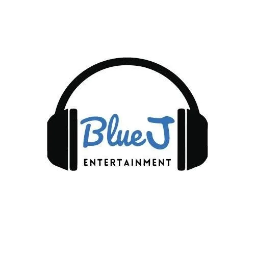 BlueJ Entertainment logo with black headphones surrounding blue script text on a white background