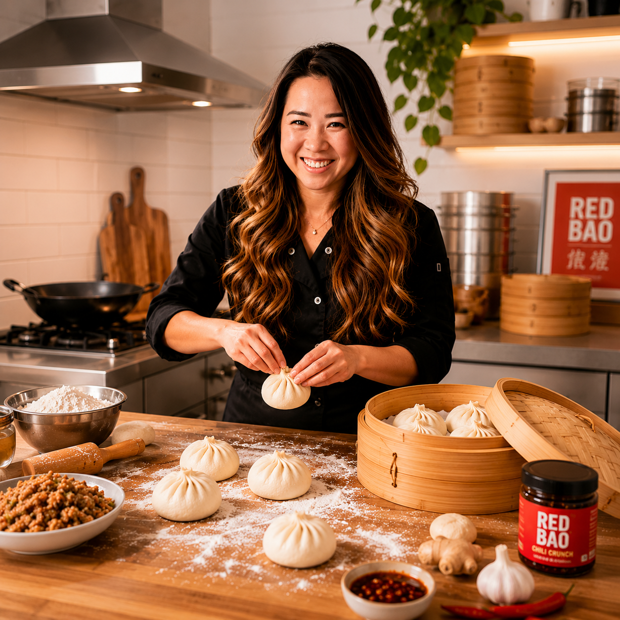 Woman in a black chef's coat preparing steamed buns in a kitchen, surrounded by ingredients and cooking tools.