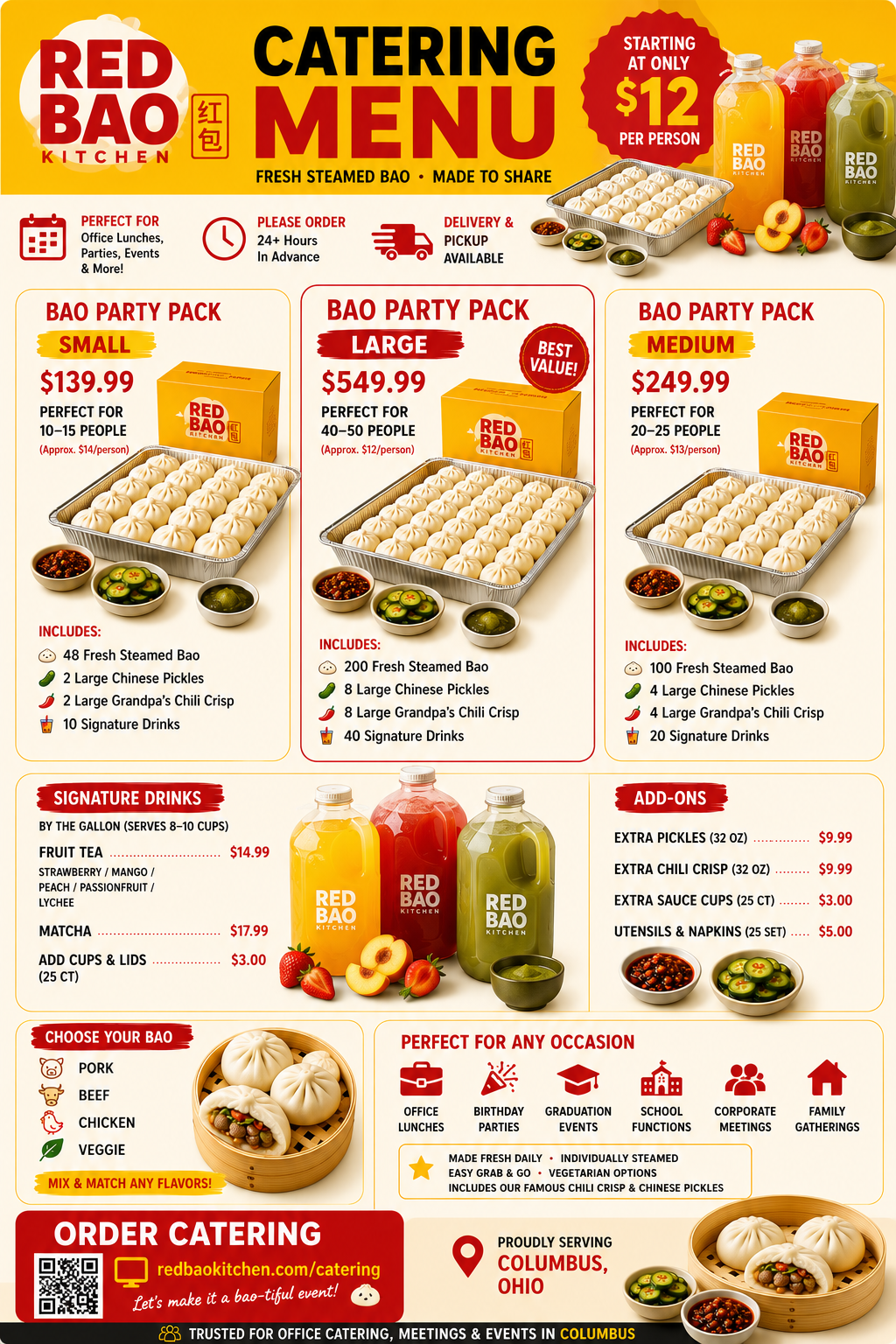 Catering menu for Red Bao Kitchen featuring steamed bao buns in small, medium, and large packs, priced from $12 to $549.99, with options for office lunches, parties, events, and address in Columbus, Ohio.