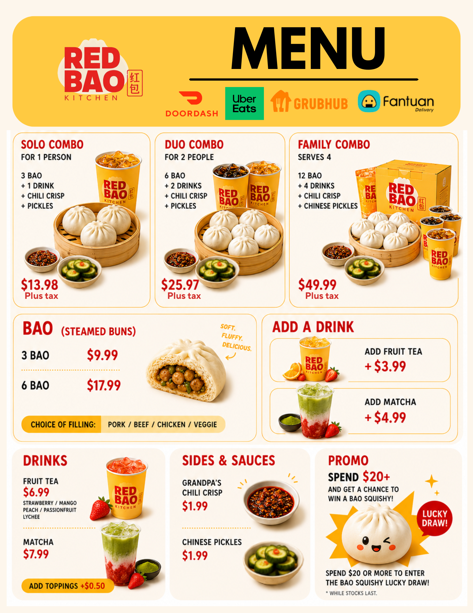 Menu for Red Bao Kitchen featuring combo meal options with steamed buns, drinks, and add-ons, along with various toppings and sauces.