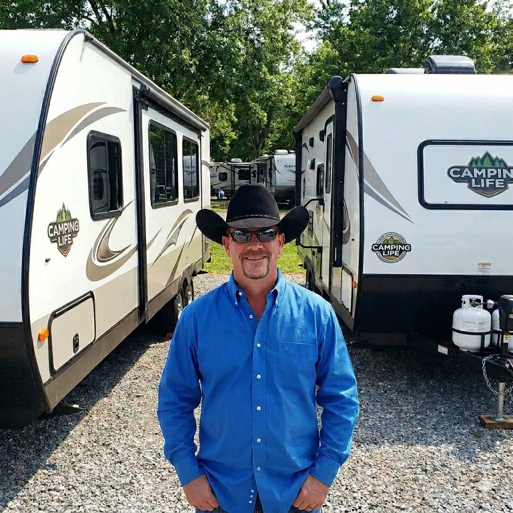 Man in a blue shirt and cowboy hat standing in front of two RV travel trailers at a campsite.