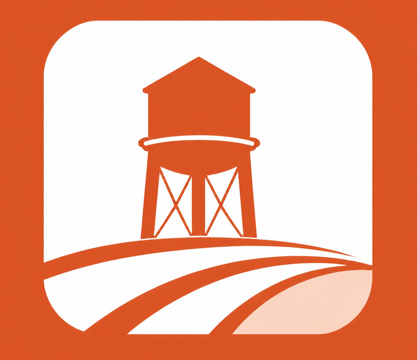 Icon of a water tower on a hill with stylized landscape lines, set within an orange and white square background.