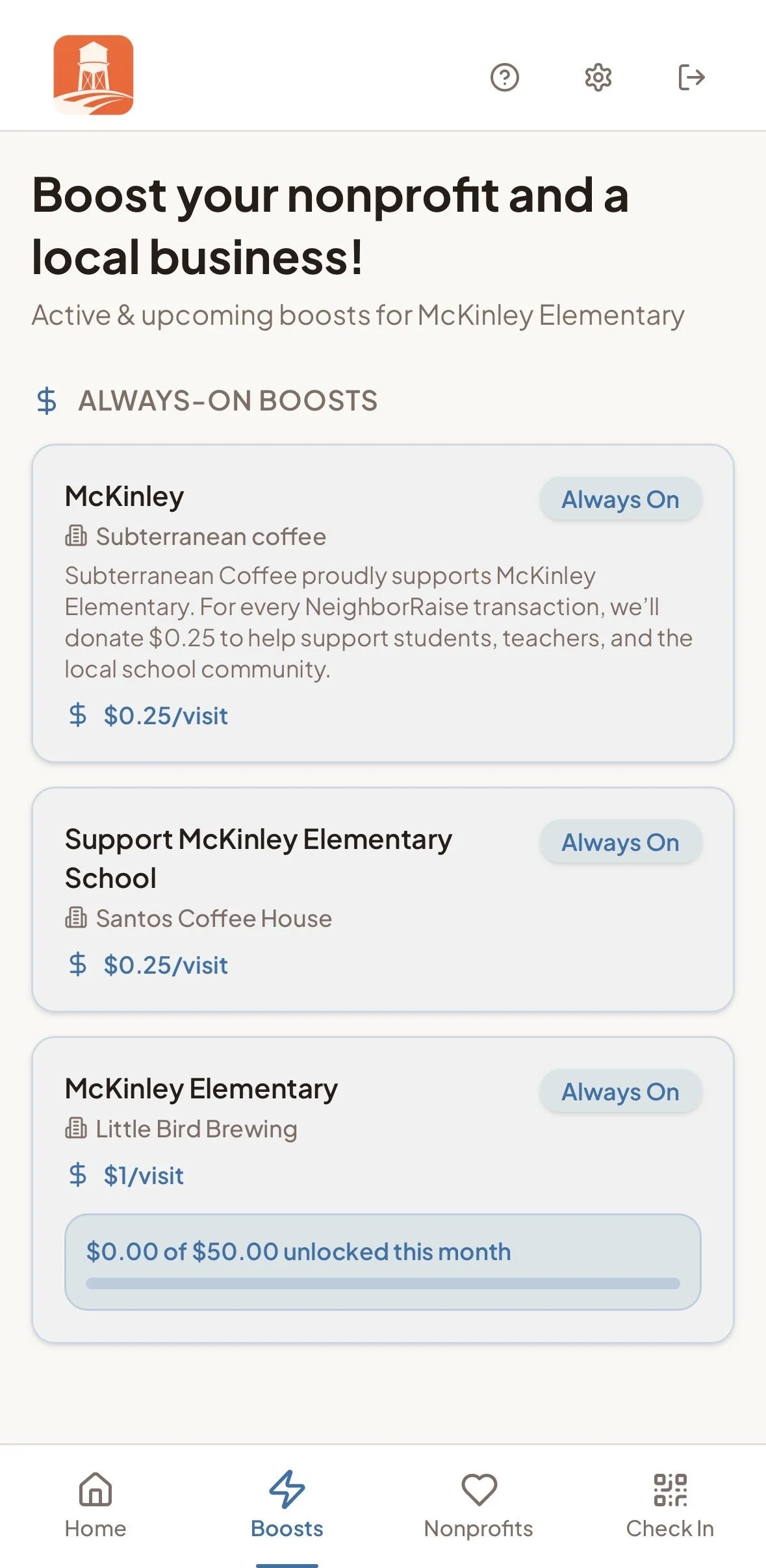 Screenshot of a mobile app page promoting nonprofit and local business support through a coffee transaction platform, showing active boosts for McKinley Elementary and support for McKinley Elementary School.