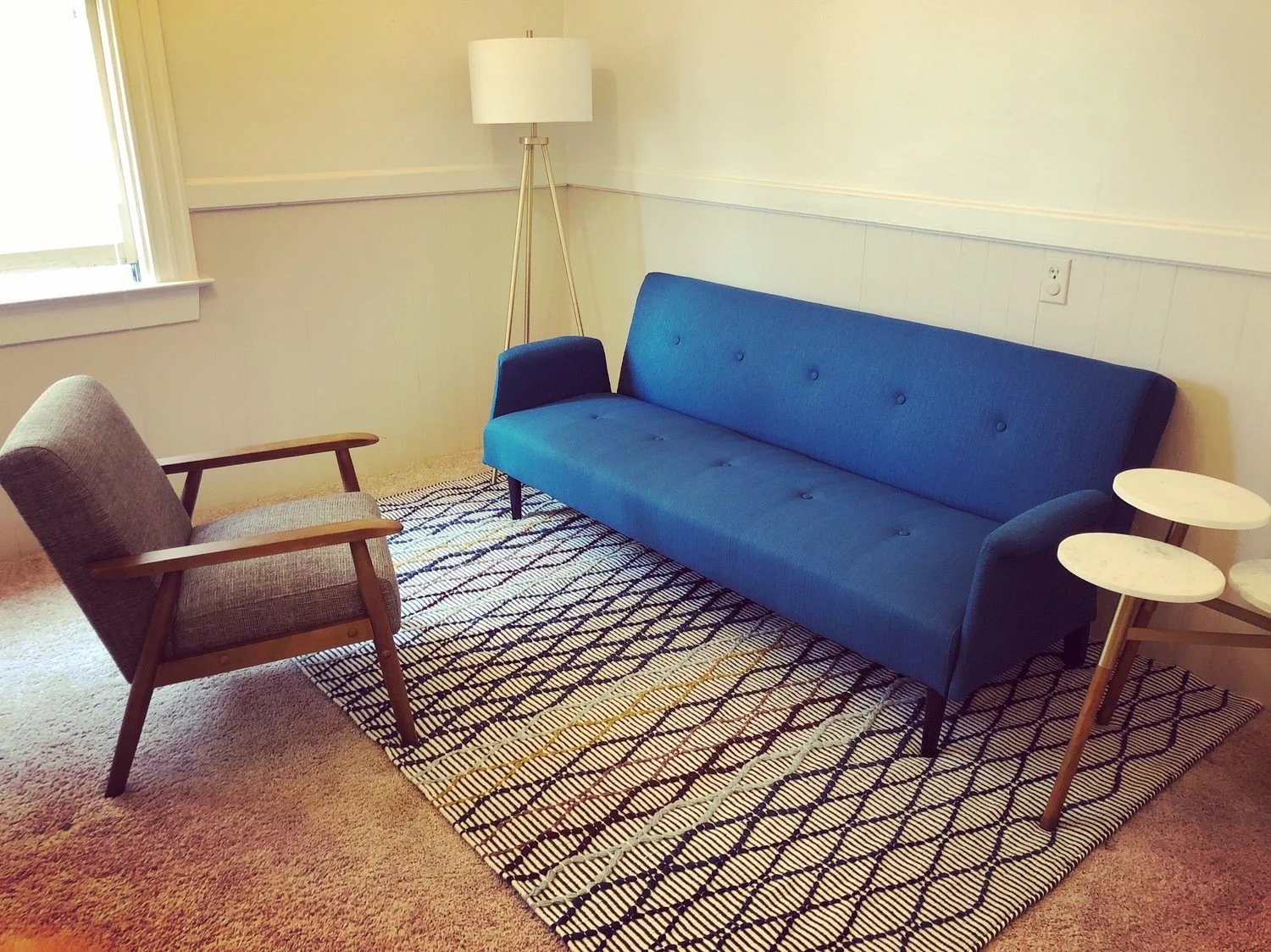 midcentury modern style furniture in office of trauma therapist sacramento