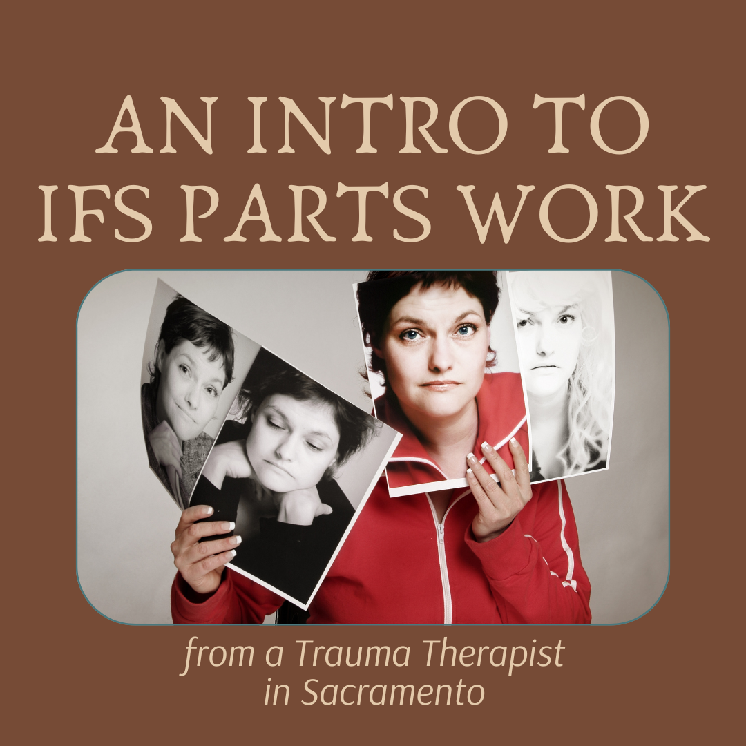 woman holding photos of self with different expressions above words trauma therapist sacramento