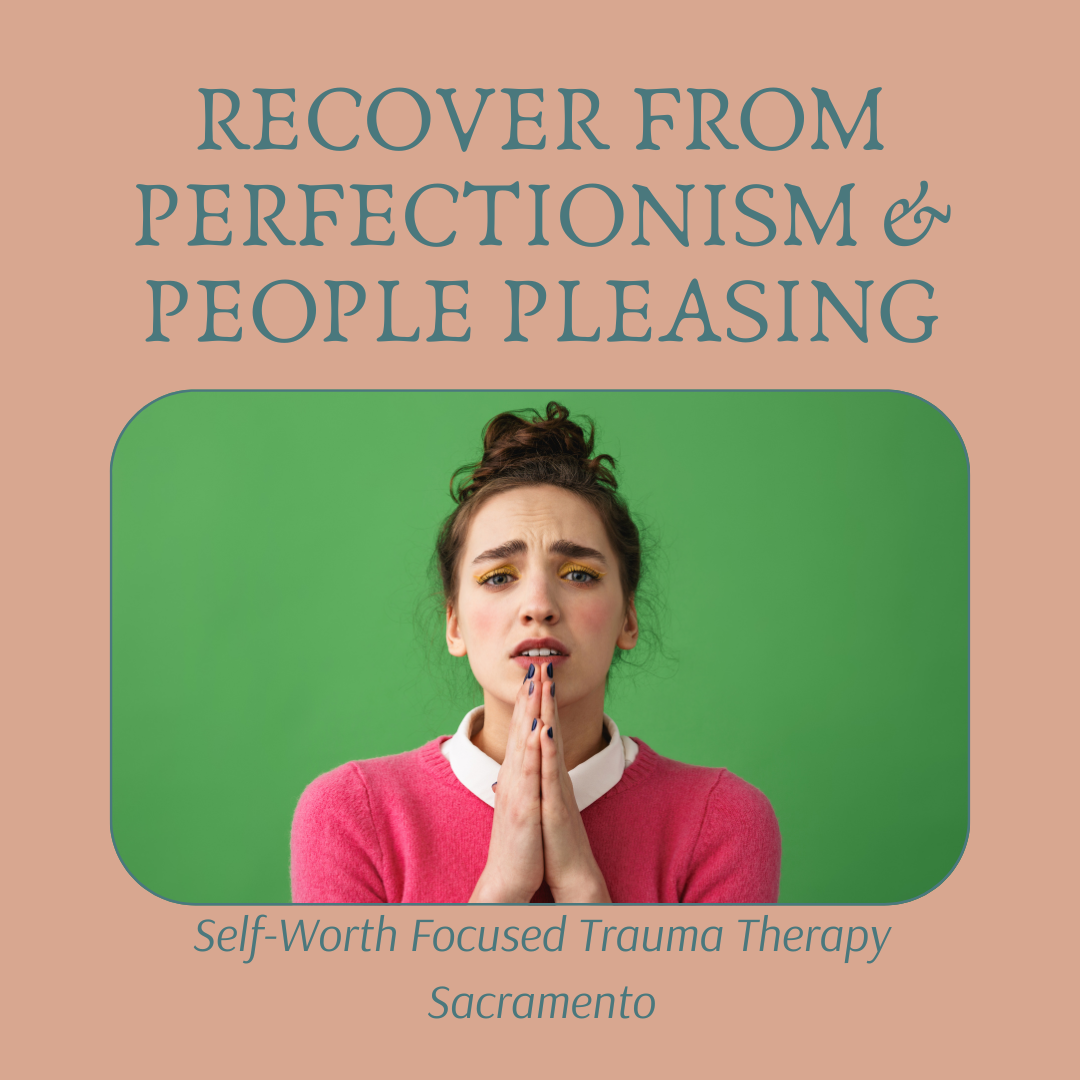 worried woman with hands together above self-worth focused trauma therapy sacramento