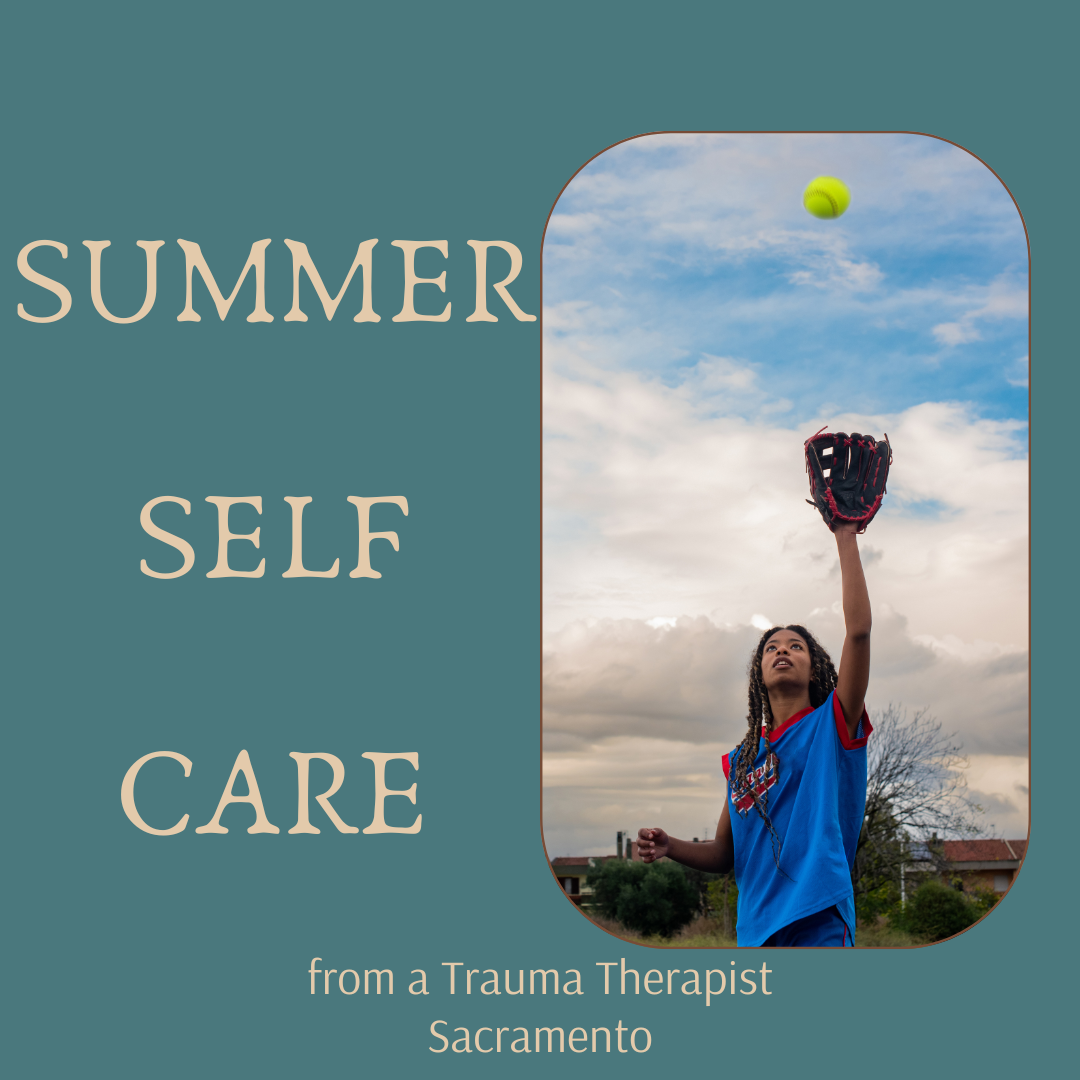 black woman playing catch next to summer self care from trauma therapist sacramento