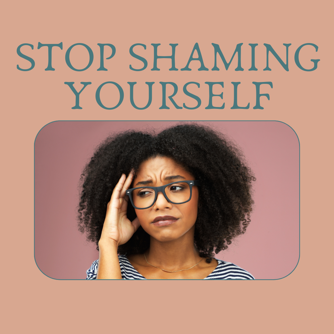 black woman holding hand to head under stop shaming yourself trauma therapist sacramento