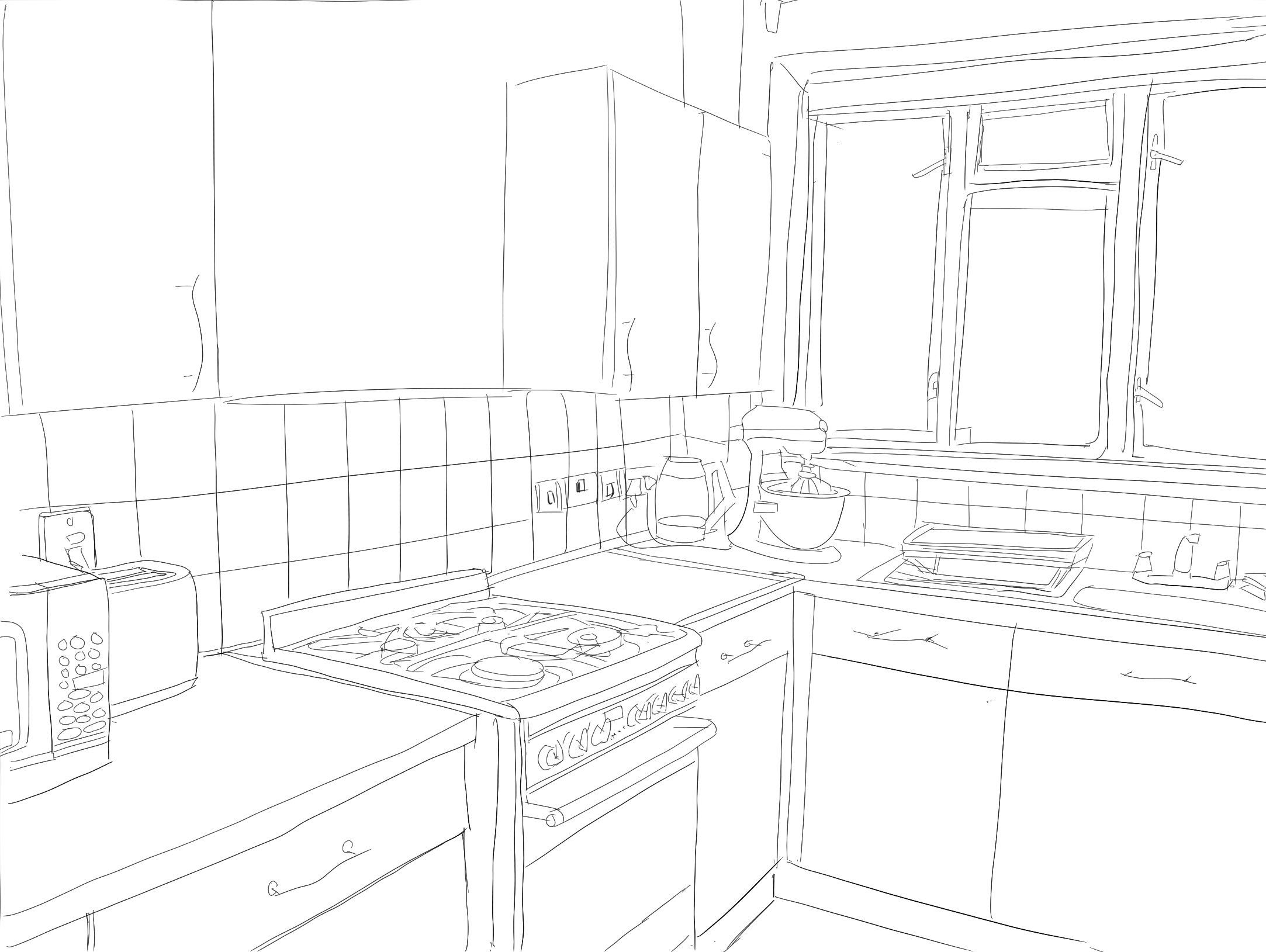 Line drawing of a kitchen with cabinets, a stove, a window, and various kitchen appliances and utensils on countertops.