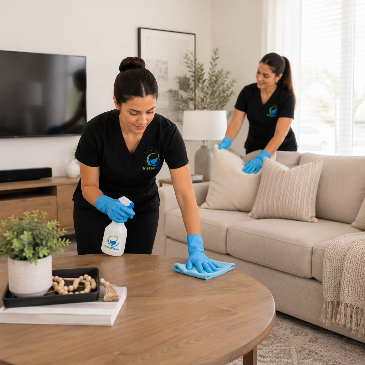Two women cleaning a living room called InstaKleen, one wiping the table and the other cleaning the couch, both wearing black uniforms with blue gloves.