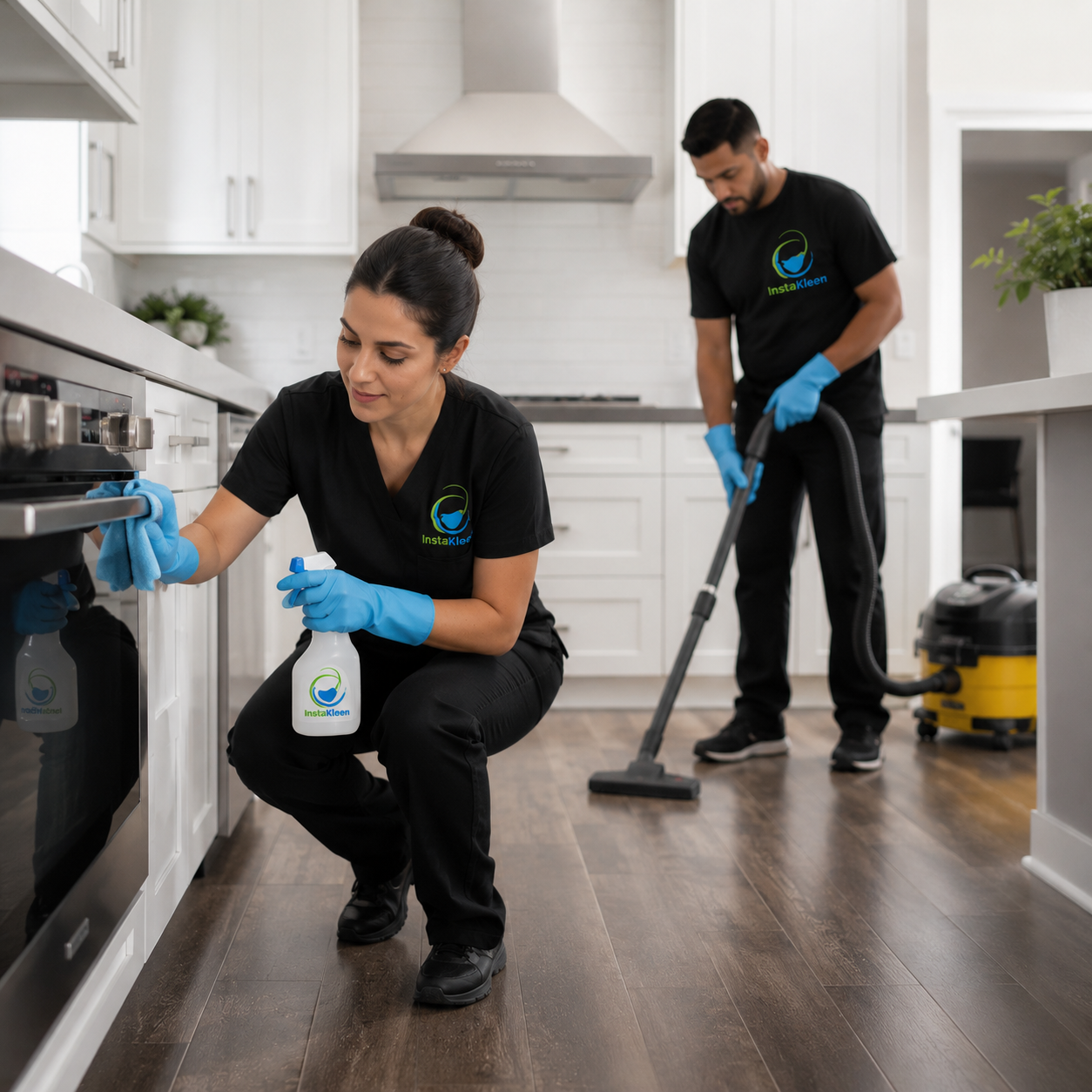 Two professional cleaners in black uniforms with blue gloves cleaning a white kitchen. One is kneeling and spraying a cleaning solution, the other is vacuuming the floor.
