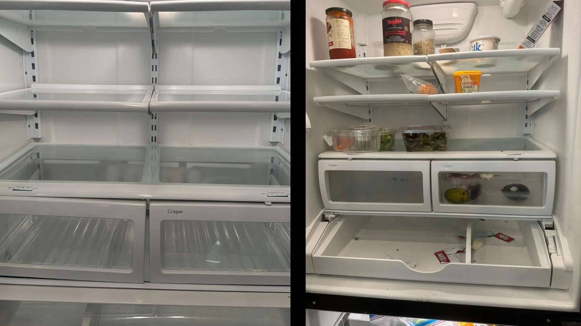 The image shows two side-by-side images of an empty and a partially stocked refrigerator. The left side is an empty refrigerator with no food or items inside. The right side shows a refrigerator with various leftover containers, condiments, vegetables, and some miscellaneous items, with some space remaining on the shelves.
