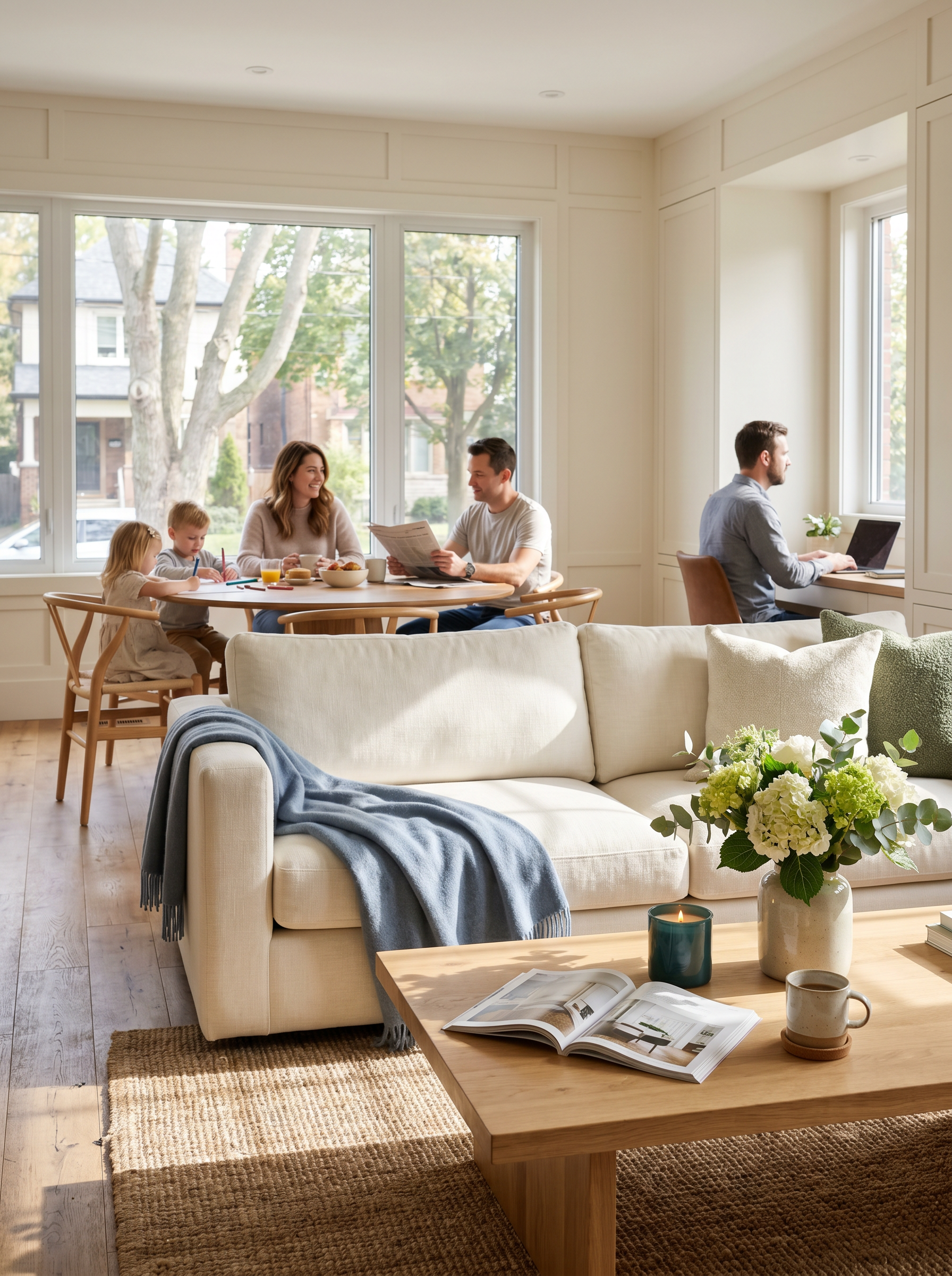 A family of four enjoying breakfast at a dining table in a bright living room with large windows, trees outside, and a person working on a laptop at a nearby desk.