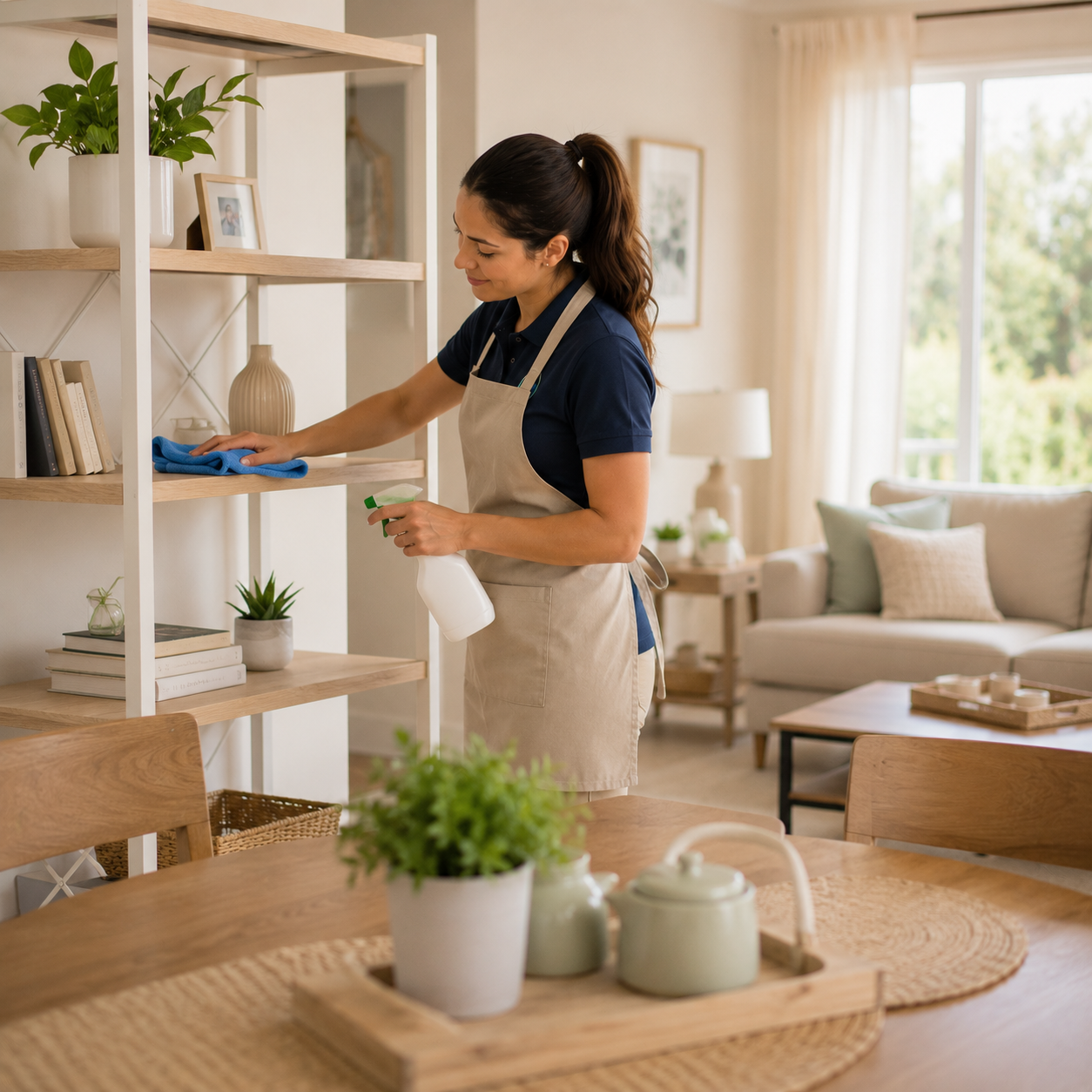 Woman cleaning a wooden bookshelf in a living room, holding a spray bottle and cloth.