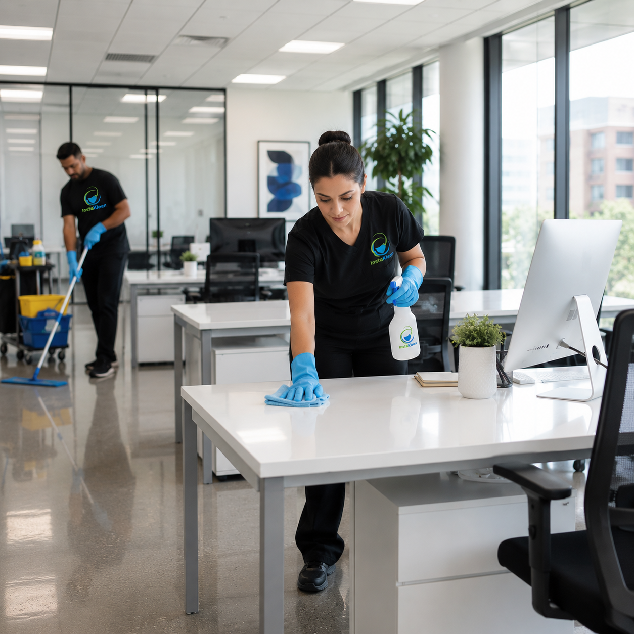 Two employees in an office cleaning the desks; one woman in the foreground wiping the desk with a cloth and holding a spray bottle, a man in the background mopping the floor, both wearing black shirts with a logo and blue gloves.