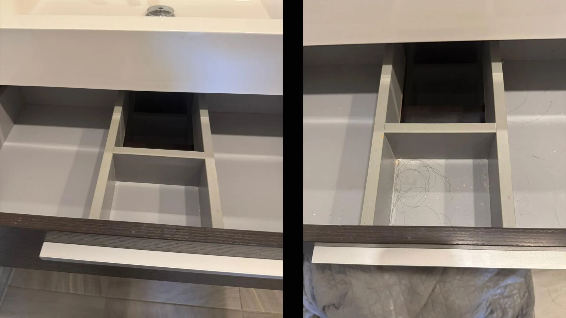 The image shows the inside of a drawer with multiple compartments for organizing items. The left side of the image has a side view of the drawer with a wooden front, while the right side provides a top-down view of the sections inside, which are mostly empty except for some loose hair or fibers at the bottom.