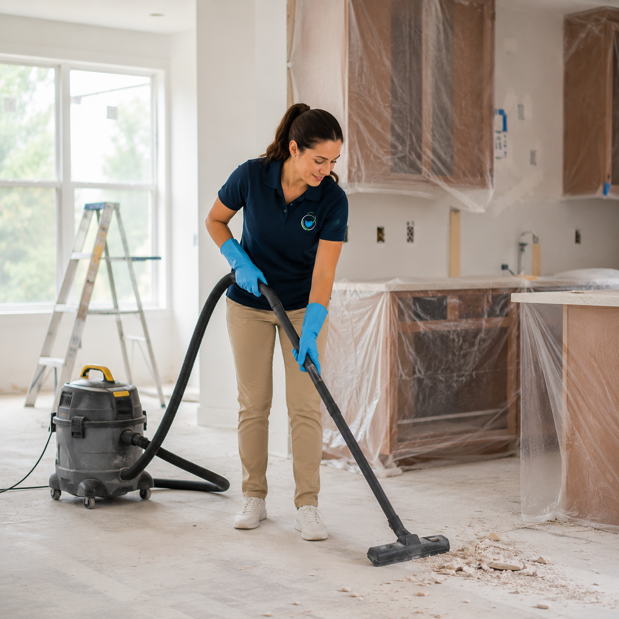 A woman cleaning an unfinished room with a vacuum cleaner, wearing beige pants, a navy blue polo shirt, blue gloves, and white sneakers. There is a ladder and construction materials in the background.