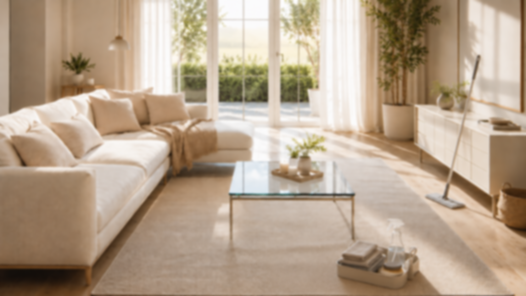 Bright, modern living room with cream-colored sofa, large glass coffee table, and sliding glass doors opening to an outdoor patio with greenery, decorated with pillows, plants, and minimal decor.