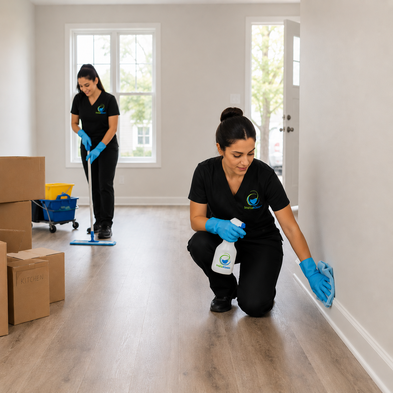 Two cleaning professionals in black uniforms with blue gloves, one is kneeling and spraying cleaner on the baseboard while the other is mopping the hardwood floor in a well-lit room with large windows.
