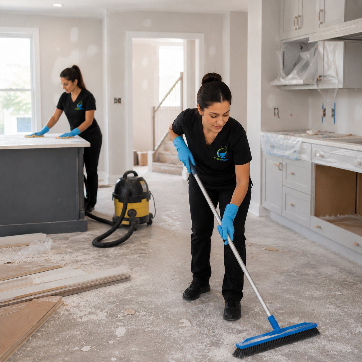 Two women in black uniforms and blue gloves cleaning a kitchen under construction. One is sweeping the floor with a blue broom, and the other is cleaning a counter.